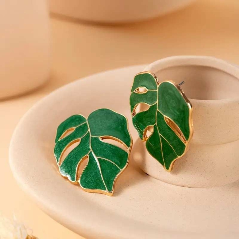 Large Monstera Leaf Earrings Green Enamel Gold Tone Tropical Stud Earrings‎
